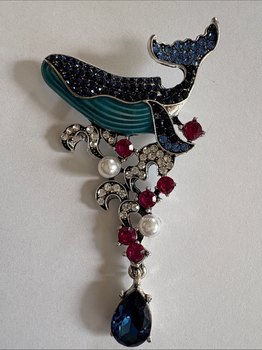 Whale Pendant Brooch with Blue Teardrop and Ruby Accents